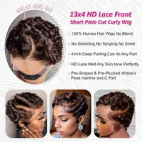 Perruque Lace Front Wig naturelle Remy, cheveux courts et bouclés, coupe Pixie, 13x4, pour femmes, chocolat 4 #   Perruques sans colle en couches ondulées avec Bang 2