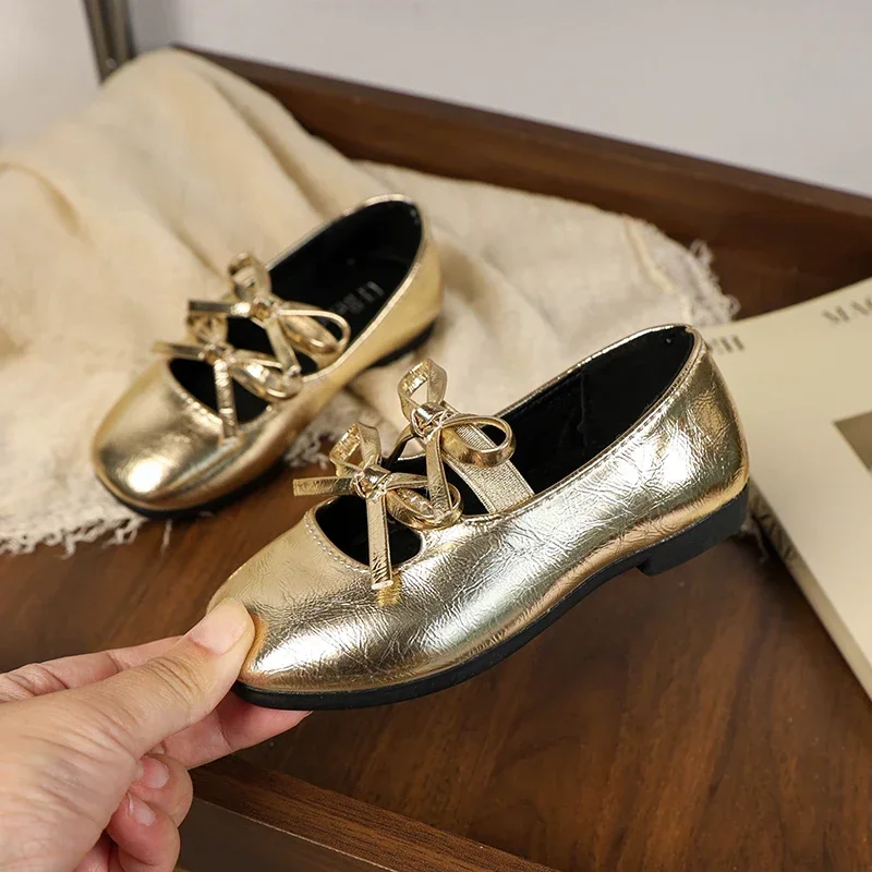 Girls Princess Ballet Shoes Gold Silver Versatile Children's Leather Shoes Fashion Sweet Kids Causal Performance Flat New