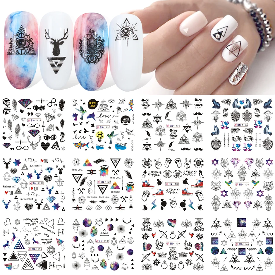 Nail Stickers Nail Art Decoration Nail Art Tools 12pcs Geometric Nail Sliders Water Sticker Set Animal Deer Watercolor Ink DIY Manicure Design Nail Art Decals Foil CHBN1129-1140