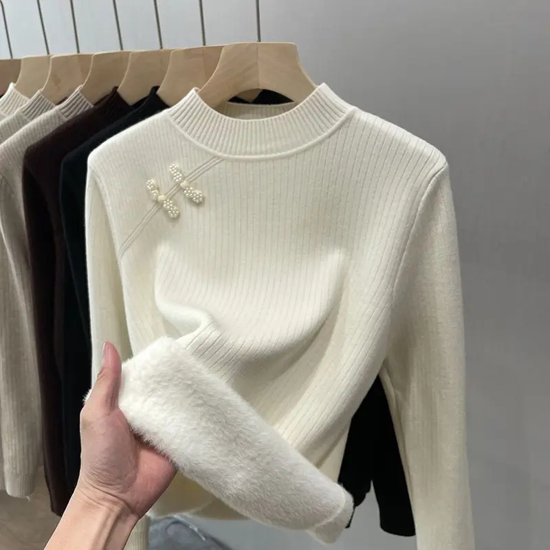 

2024 New Fashion Undercoat O-neck Tops Ladies Solid Color Pullovers Autumn Winter Buttons T-Shirts Simplicity Women's Clothing