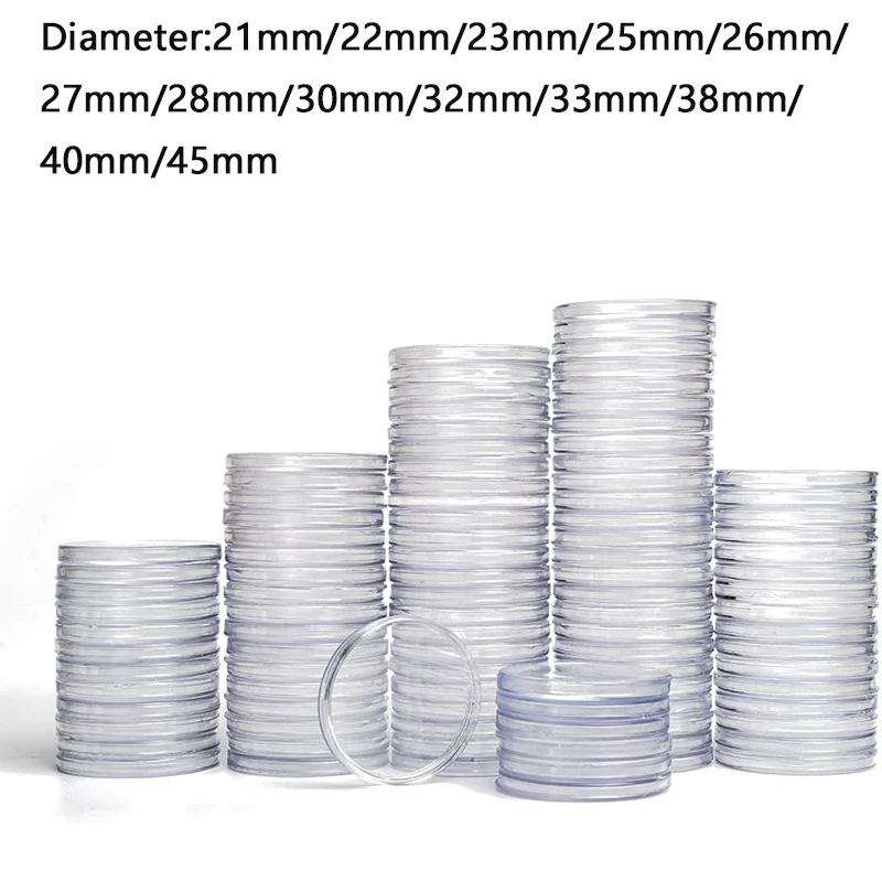 

100pcs~10pcs Round Transparent Plastic Coinn Capsules Case 21mm,22mm, 23mm, 25mm, 26mm,28mm,30mm, 32mm, 33mm, 38mm, 40mm, 45mm