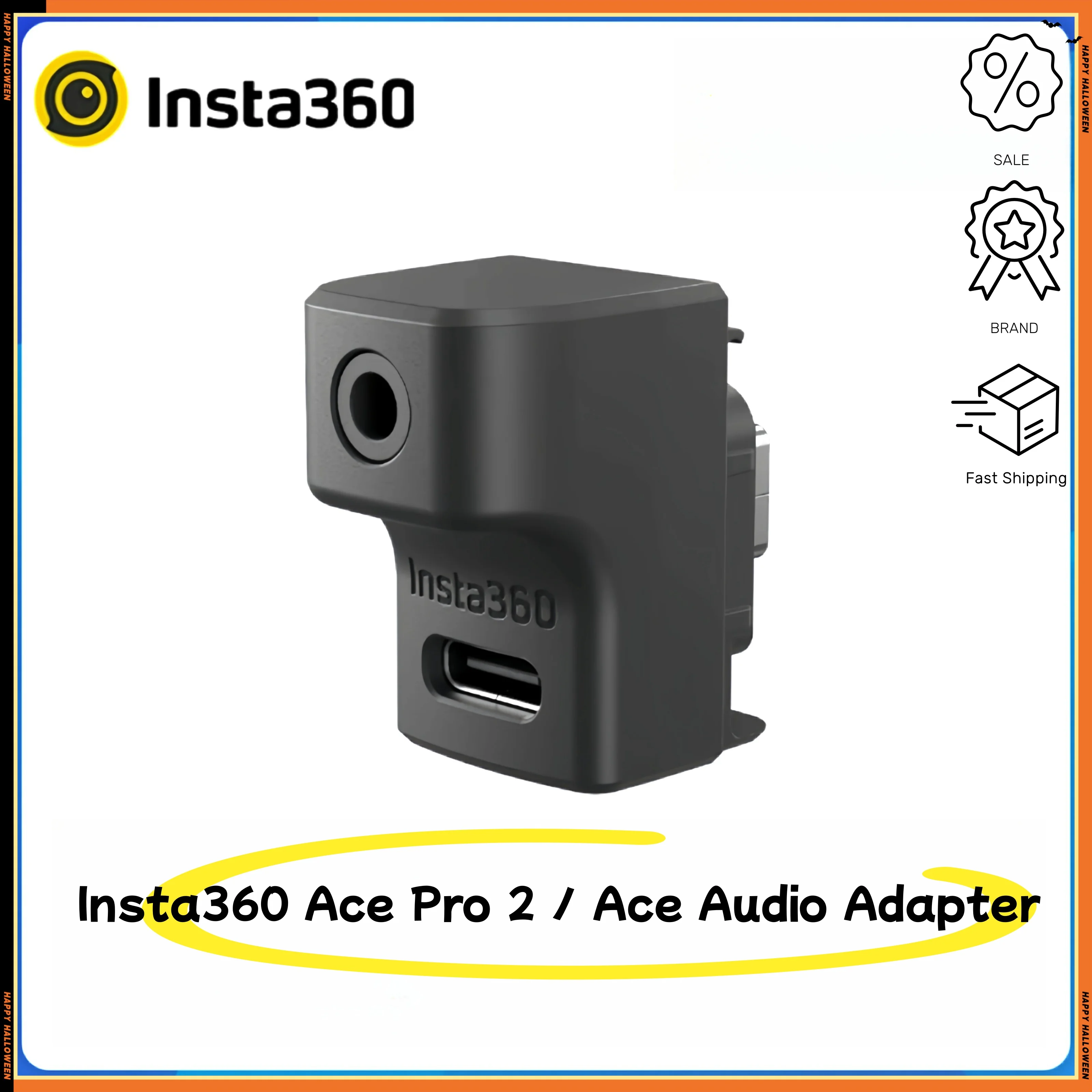 Vue latérale de l'adaptateur audio universel pour Insta360 Ace et Ace Pro, montrant les ports USB-C et jack micro.