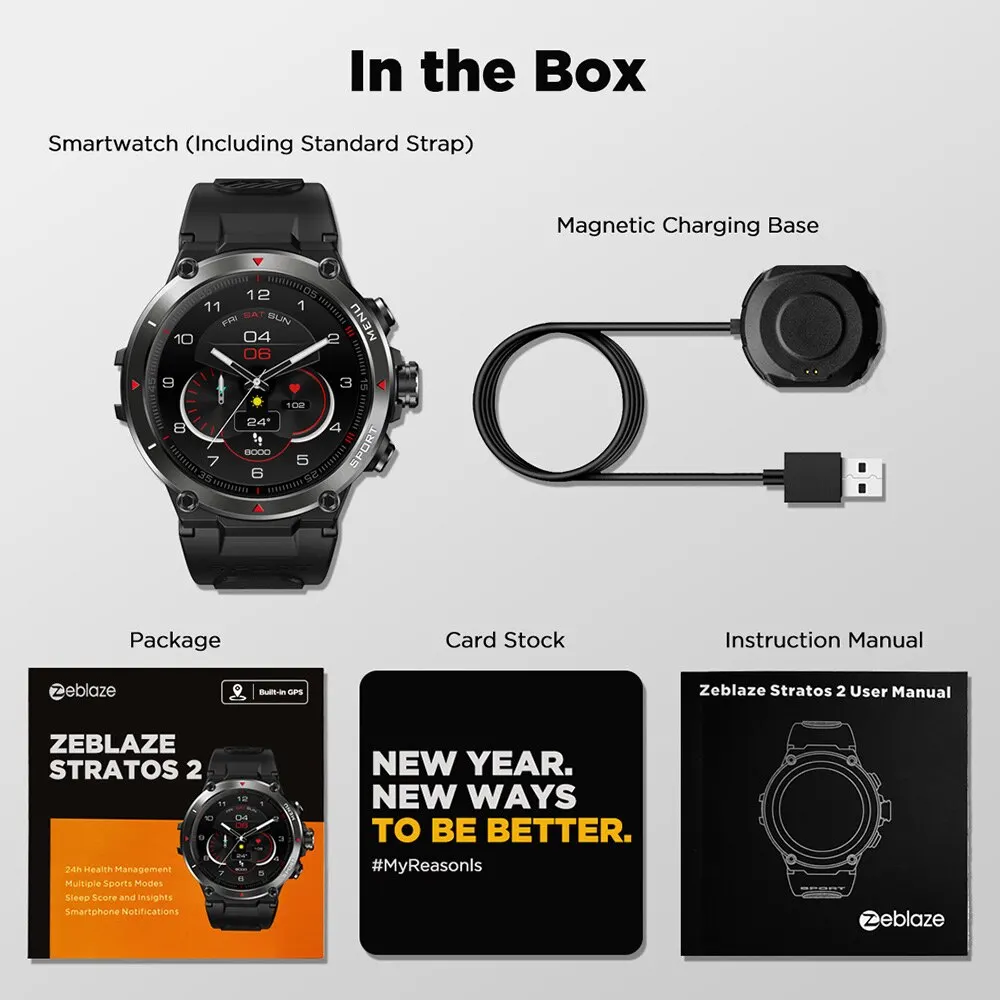 Smart Watch Zeblaze Stratos 2 GPS Smart Watch AMOLED Display 24h Health Monitor 5 ATM Long Battery Life Smartwatch for Men