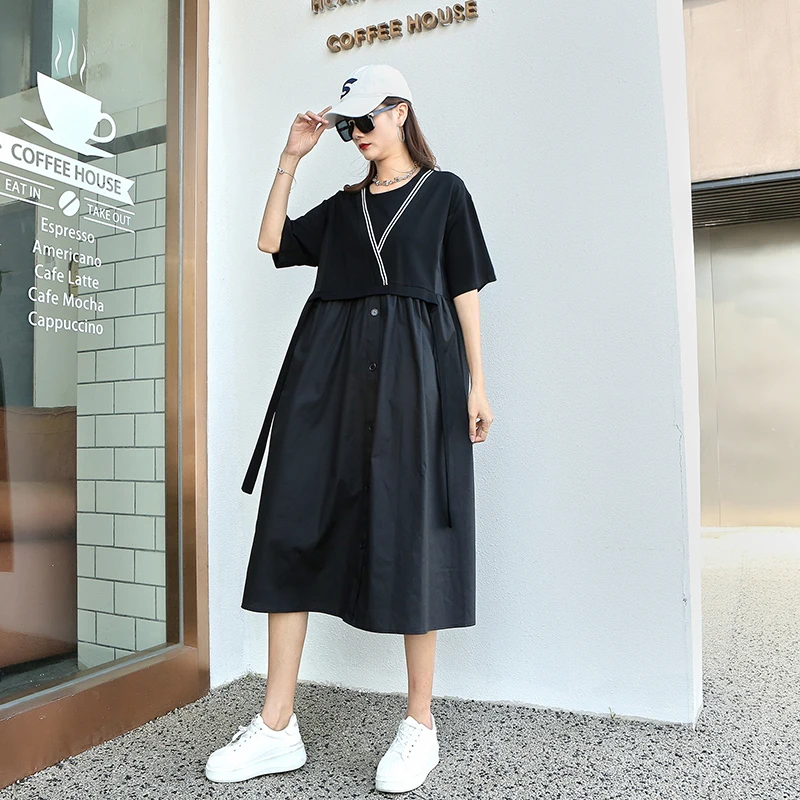 

230479 Patchwork Fashion Summer New Design Contrast Color Personaltiy Women Clothes Loose Short Sleeve Fack V-neck Dress