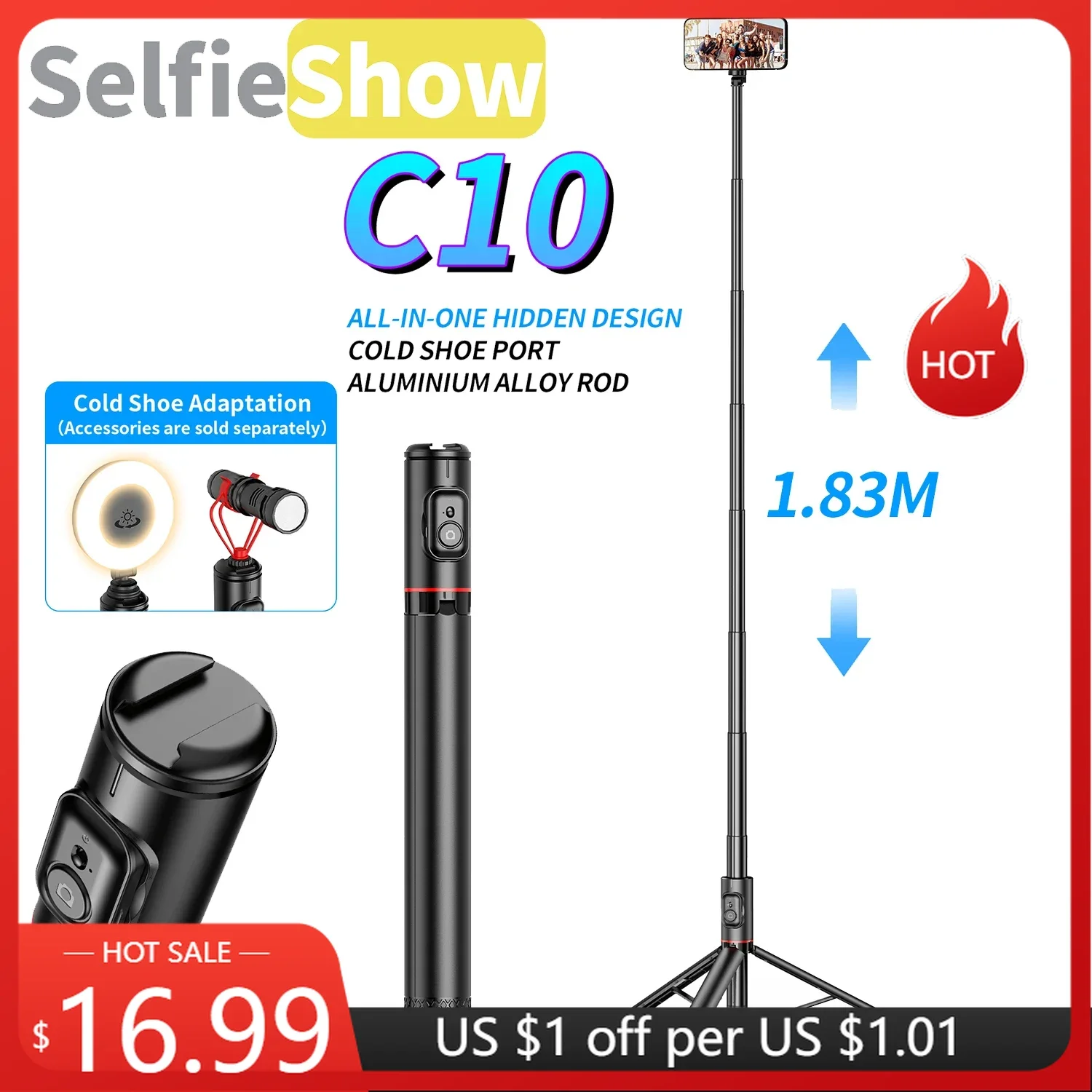 Selfie Stick with Bluetooth Remote 72 Inch for iOS Android Phone