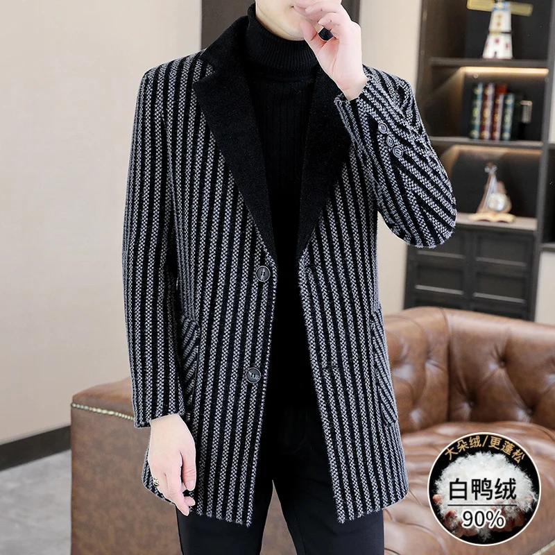 Classic Winter Men's Mid-Long Warm White Duck Down Woolen Coat Business Casual Striped Thicken Overcoat Outwear Windbreak Jacket