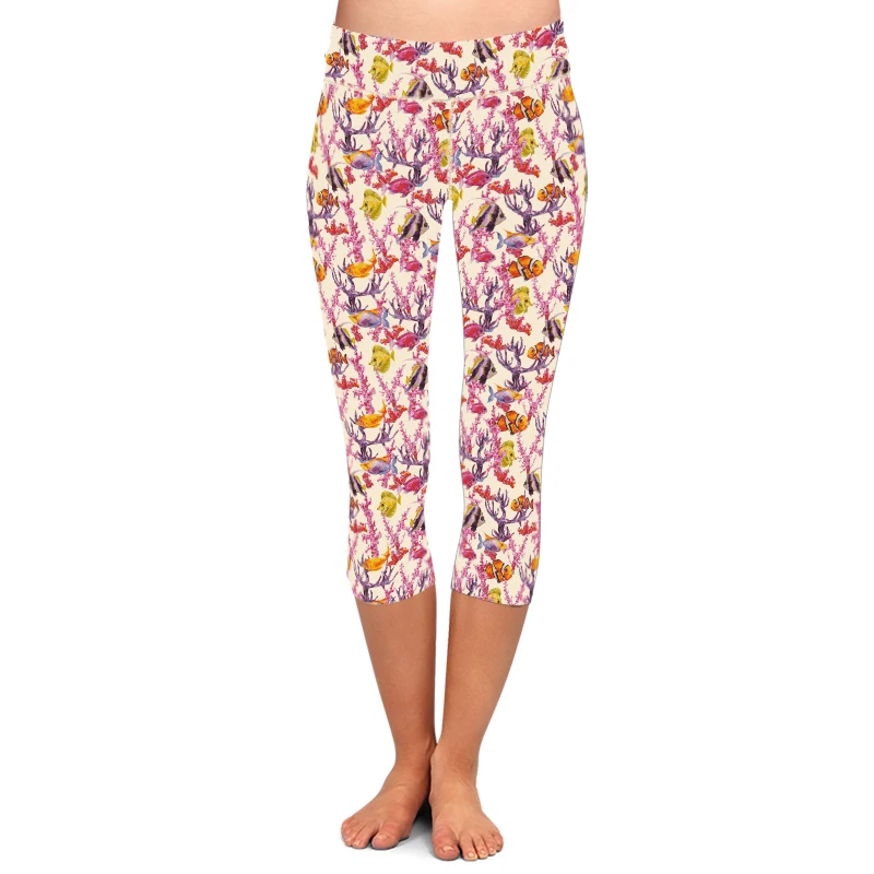 LETSFIND 2021 Summer Women Capri Pants Fashion 3D Sea Animals Jellyfish Print High Waist Mid-Calf Casual Leggings