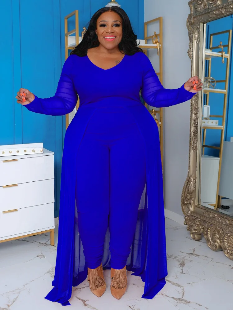 Wmstar Plus Size Jumpsuit Women Clothes Sexy Solid Bodycon Mesh V Neck Sleeve Romper One Piece Outfit Wholesale Dropshipping