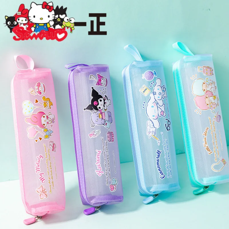 

Sanrio Melody Kuromi Hello Kitty Cinnamoroll Pochacco Family Image Mesh Pen Bag Cartoon Cute Student Mesh Pencil Case 22x6cm