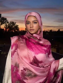 New Shimmer Satin Silk Hijab for Muslim Women Long Scarf Watercolor Print Headscarf Foulard Islam Head Cover Shawl Wrap Bandana