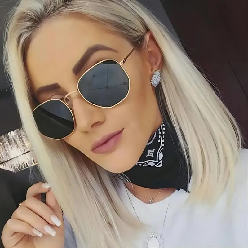 Fashionable metal frame hexagonal coloured lens sunglasses Women's daily street wear accessories Polarised square UV protection
