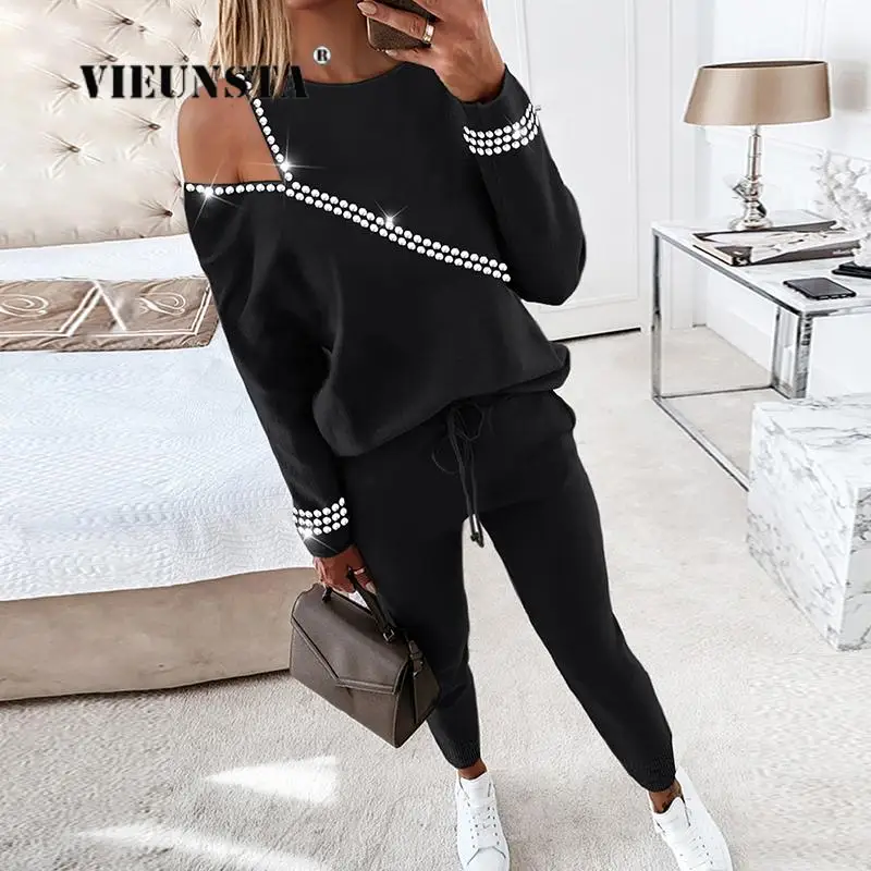 

Fashion Off Shoulder Sweatshirt and Pants Jogging Sets Retro Lady Sport Outfits Two Piece Set Women Tracksuit Rhinestone Clothes