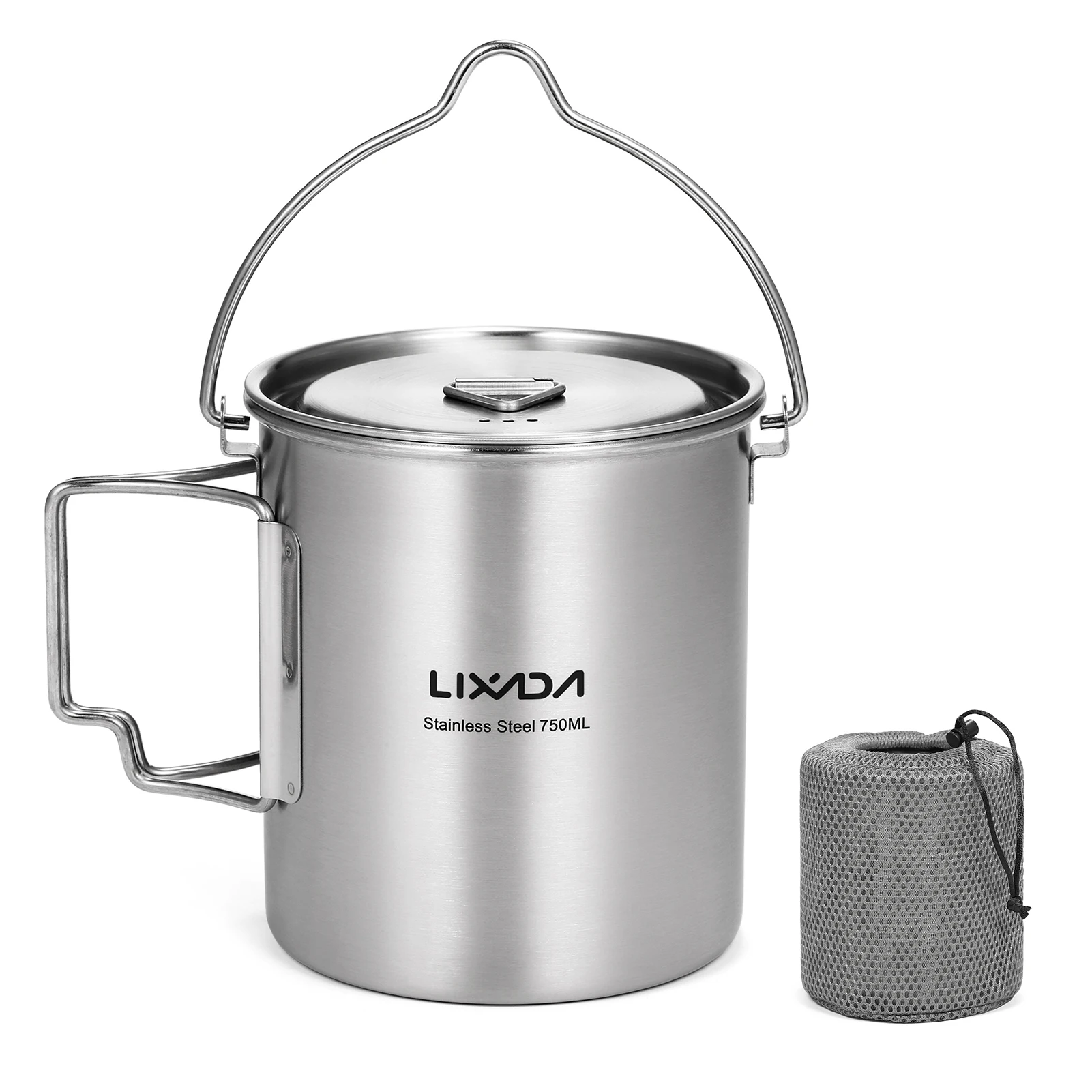 750ml Stainless Steel Pot Portable Water Mug Cup with Lid and Foldable Handle Outdoor Camping Cooking Picnic Equipment camping cookware,portable cups,portable folding cups,outdoor pot
