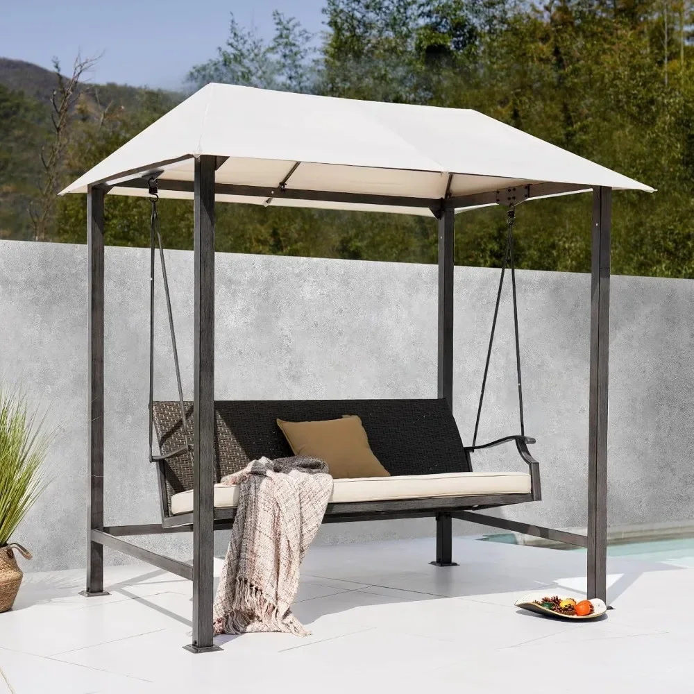 Rattan Swing Chair 3-Seat Patio Swing Chair Outdoor Porch Swing with Canopy Removable Cushion For Patio Garden Poolside