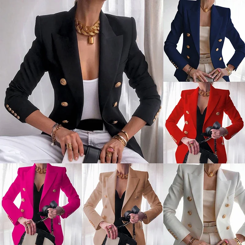 

TOP QUALITY White Blazer Women 2023 Slim Elegant Blazers Jacket Women's Fitting Metal Lion Buttons Double Breasted Blazer Femme