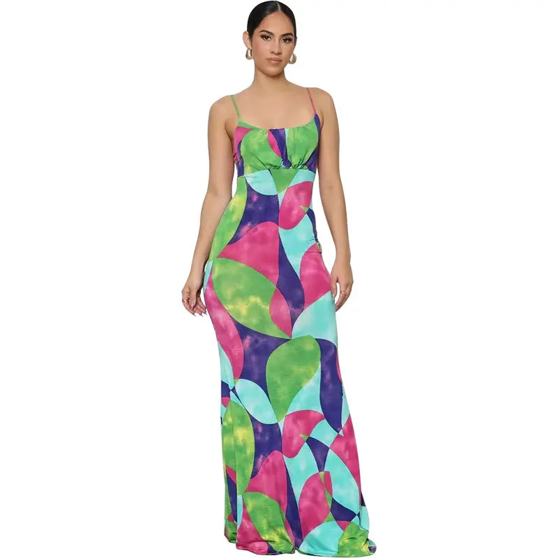 

African Maxi Dress Women Spaghetti Strap High Waist Robes Summer New Fashion Colors Print Sexy Elegant Party Long African Dress