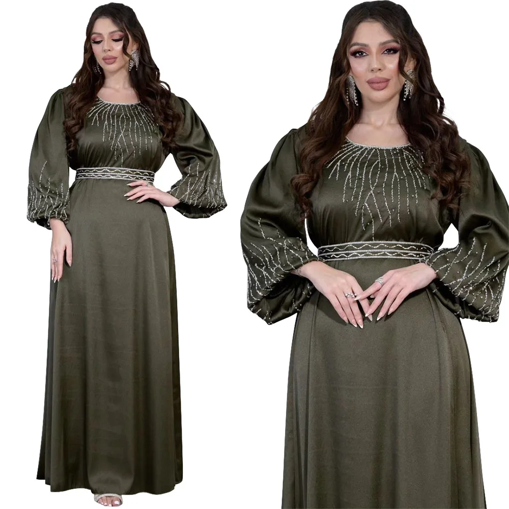 2025 Middle Eastern Dubai Women's Stylish Hotfix Diamond Belted Maxi Robe Evening Gown, Saudi Arabian Muslim Robe Long Dress 2