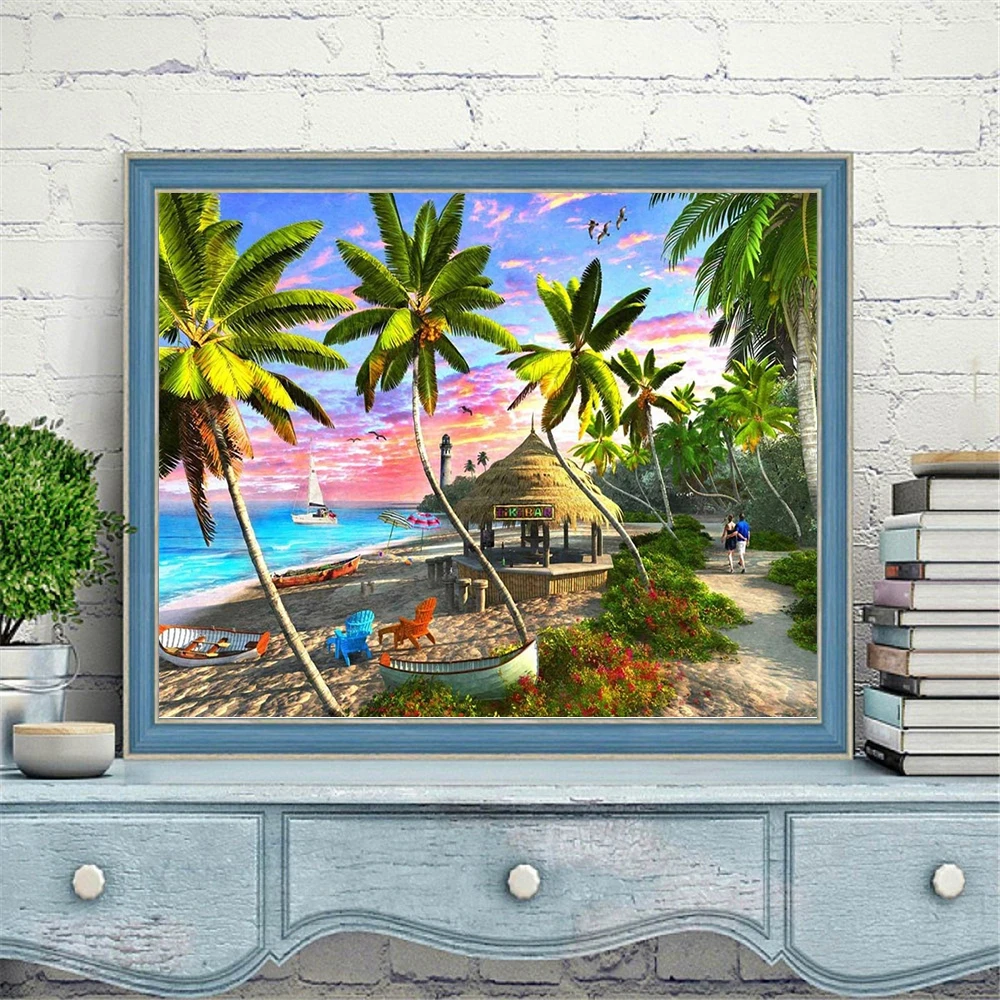  Diamond Painting Beach Art Sunset Over The Tropical Beach for  Adult Painting Kits Diamond Art Perfect for Home Wall Decor 12x16