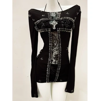 y2k fashion y2k clothes y2k crop top gothic clothes vintage shirt y2k shirt Gothic shirt Punk shirt Harajuku shirt Cross shirt 1