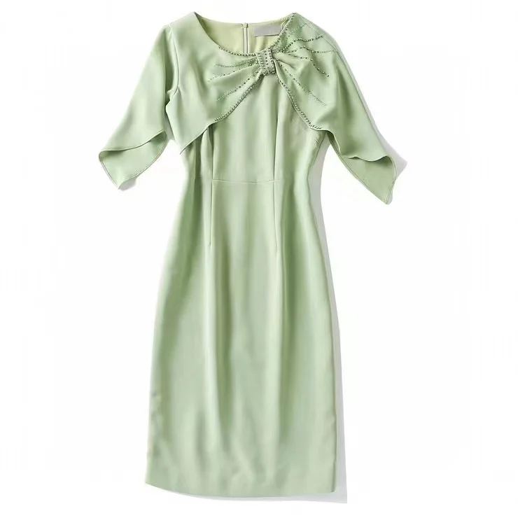 

European and American women's wear spring 2022 new Short sleeve cape sleeve collar green Nail bead Fashion dress