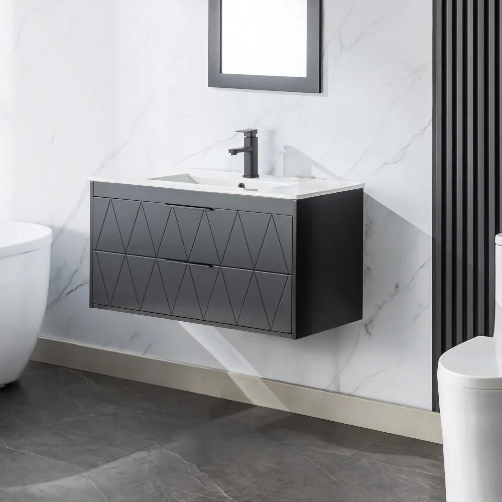 36" Bathroom Vanities Cabinet with Sink Combo, Wall Mounted Floating Cabinet W/Decor Line, Soft-Close System,2 Extra Big Drawers 3