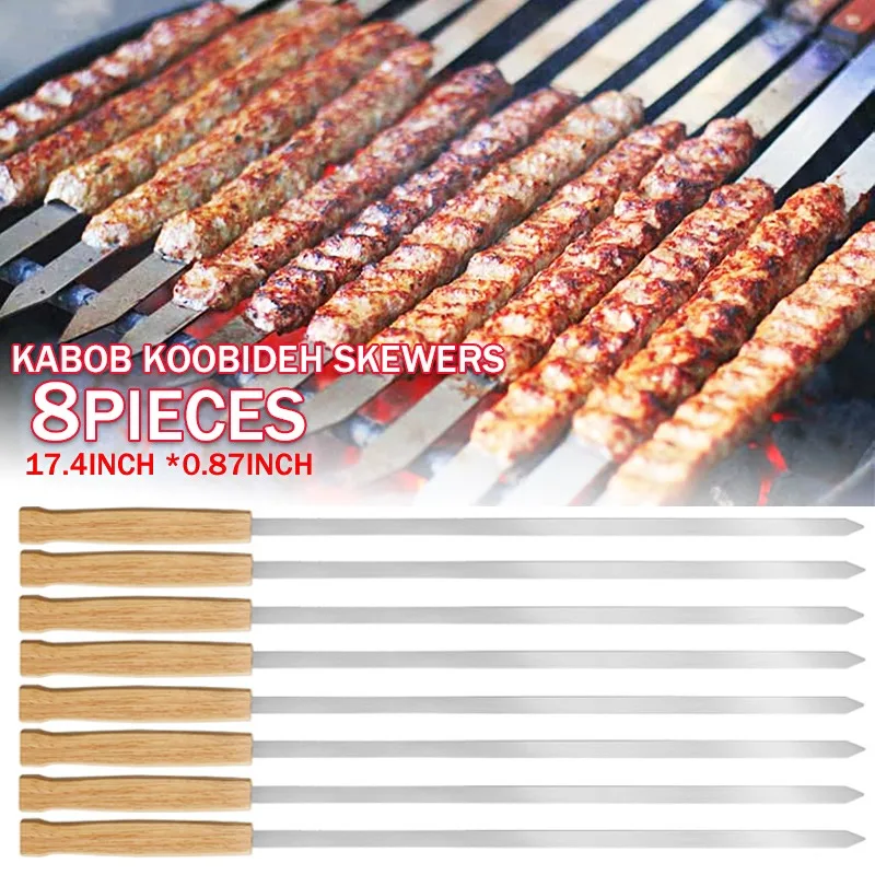 8pcs Barbecue Skewers 17 Inch Stainless Steel Grilling BBQ Reusable with Wood Handle