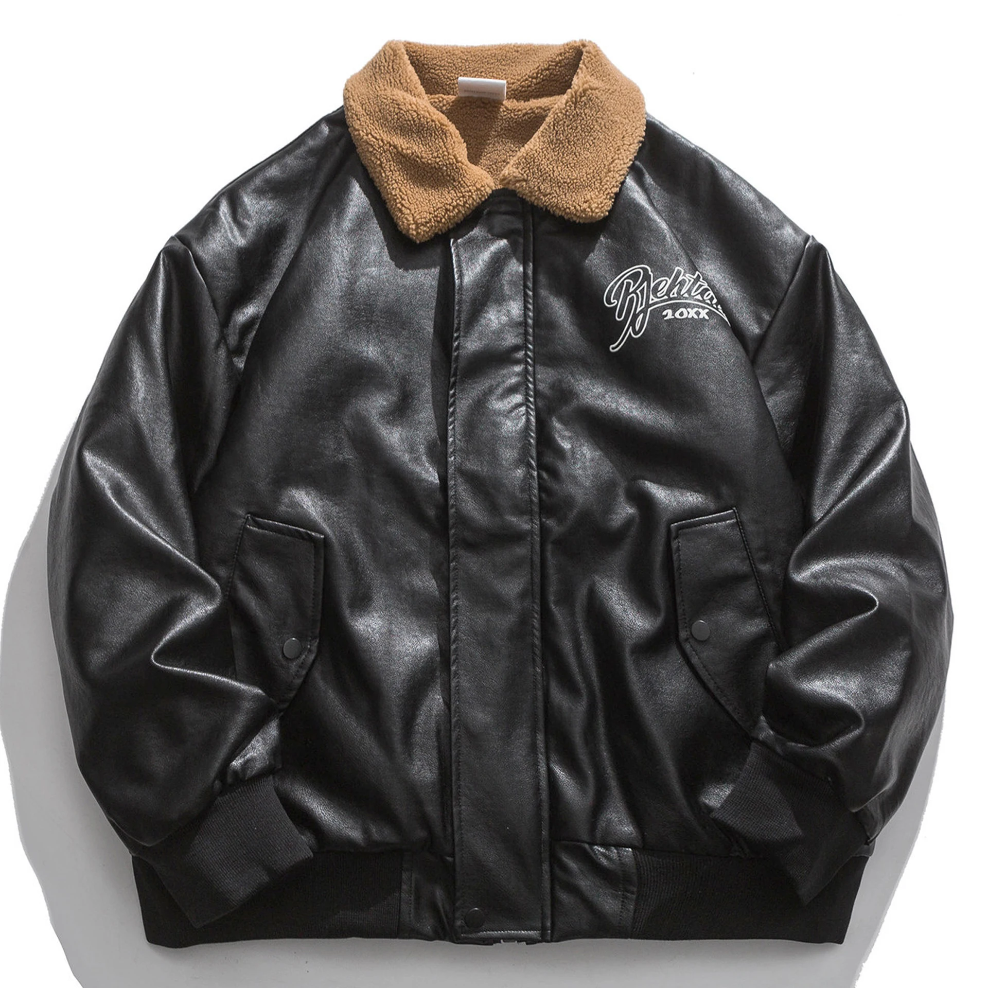 

Lambswool Leather Jacket Men Autumn Letter Embroidery Pattern Print Motorcycle PU Leahter Jacket Casual Woman Bomber Jacket