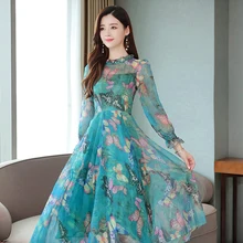 

2022 New Fashion Summer Women Ruffled Short-sleeved Chiffon Dress V-neck High Waist Floral Print Beach Midi Dresses Fabric Soft
