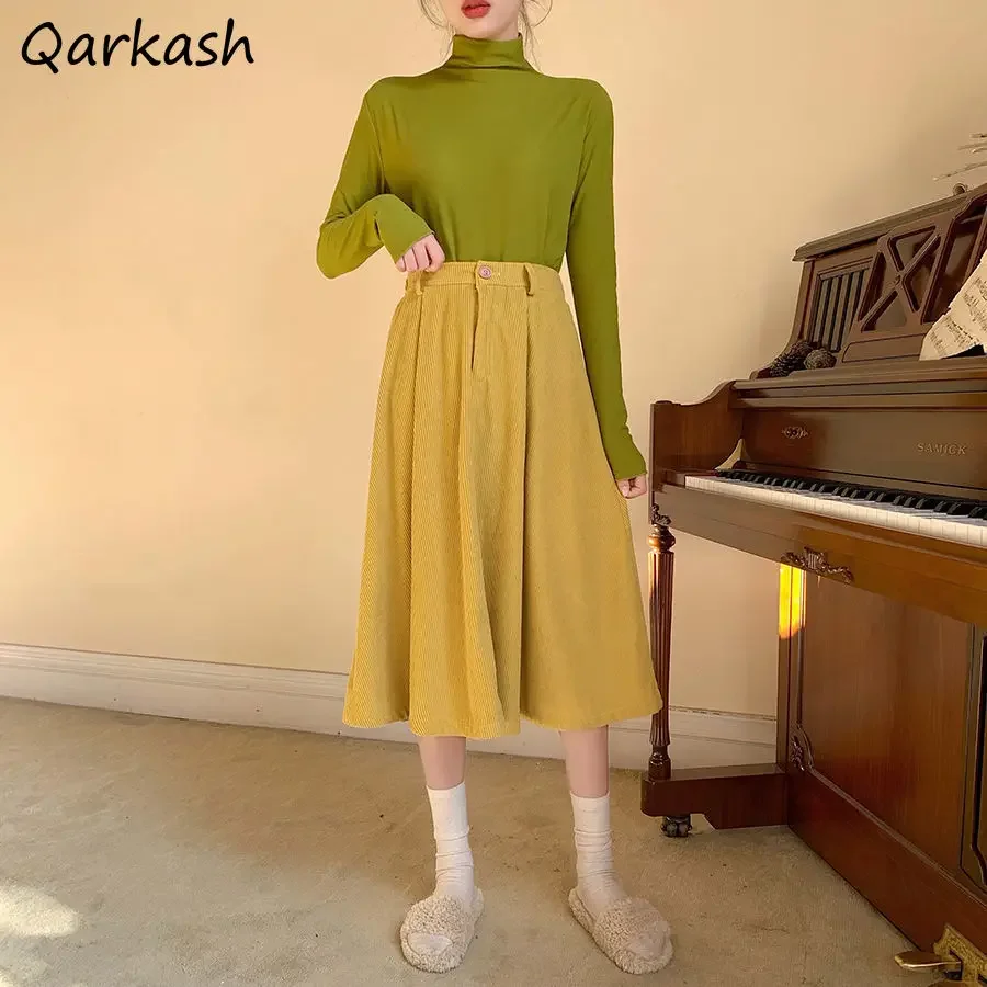 

Skirts Women Corduroy A-line Elegant Simple Autumn High Waist Tender Mid-calf Feminino Korean Style Cozy Retro Popular Mujer New