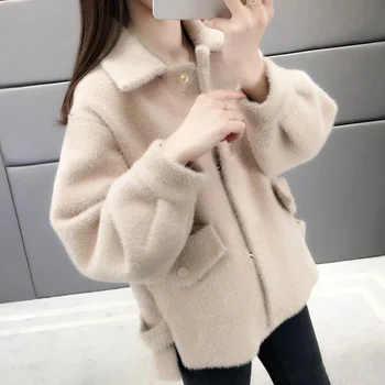 Velluto imitazione visone Nuova giacca da donna 2025Autunno Inverno Cappotto allentato Cardigan in maglia pelosa Capispalla Giacche di lana Cappotto femminile 1