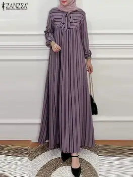 ZANZEA Lantern Sleeve Muslim Fashion Maxi Dress Women Striped Patchwork Bow Tie Neck Abaya Islamic Elegant Ruffled Long Robes
