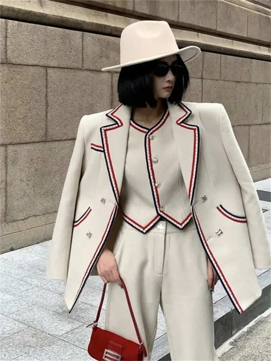 Tesco Women Suits 3 Piece Patchwork Pantsuits Women's Winter Suit Female Blazer Jacket & Trousers & Vest Suit For Women Set