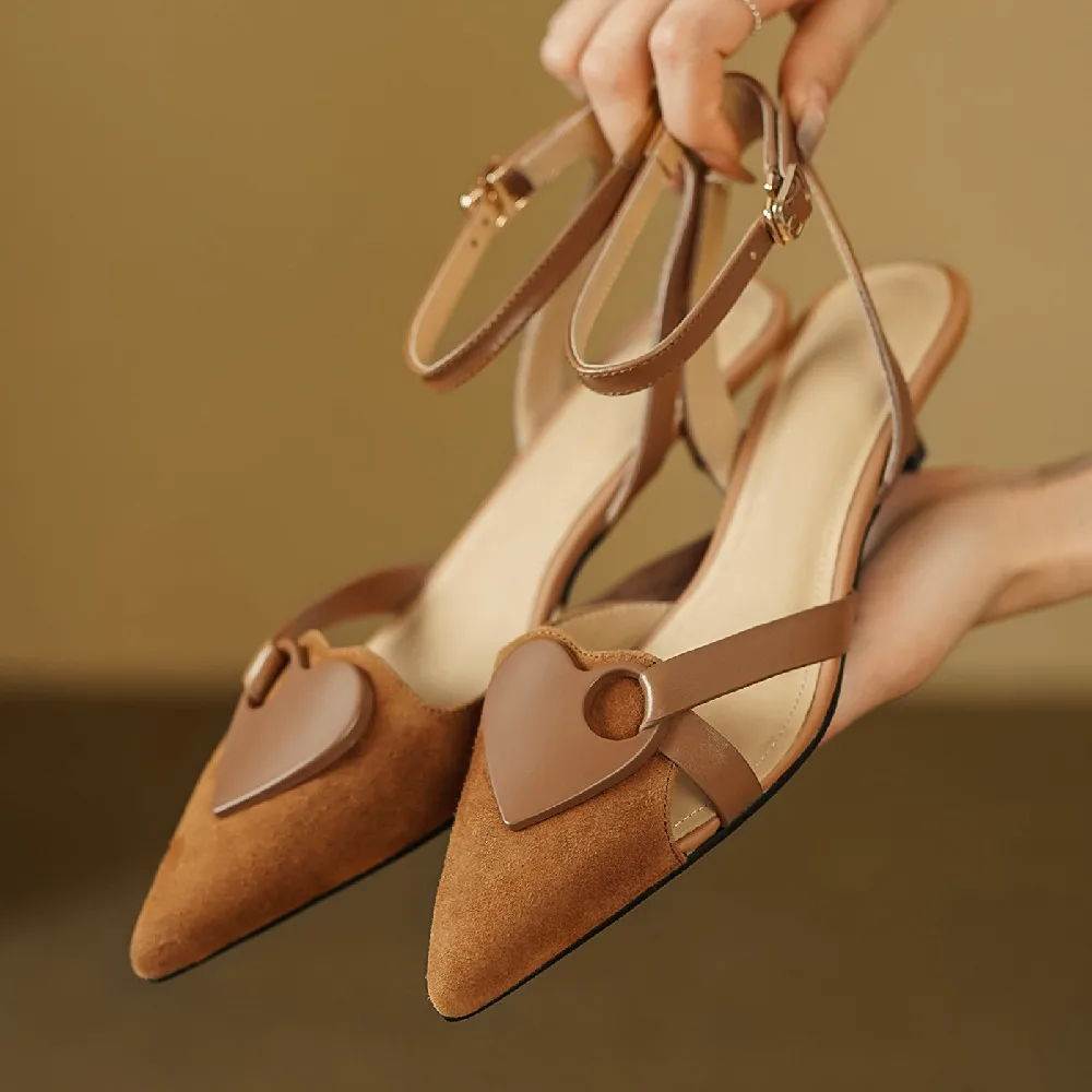 

Women's natural suede leather thin low heel pointed toe ankle strap sandals elegant ladies evening dress pumps heels shoes women