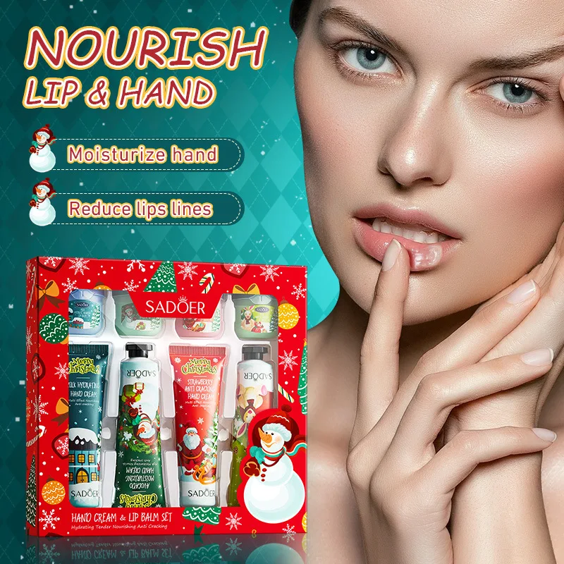 8pcs/Set SADOER Christmas Hand Cream Lip Balm Skin Care Sets Moisturizing Plump lips lipstick lip plumper Lips Hands Skin Care