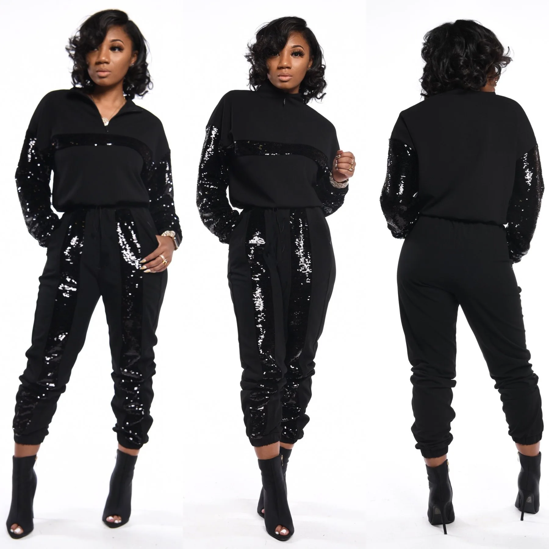 Casual Women Sequin Two Piece Set With Pocket Streetwear Sportsuit Matching Set Shirt + Long Pants Clothes For Women Outfit