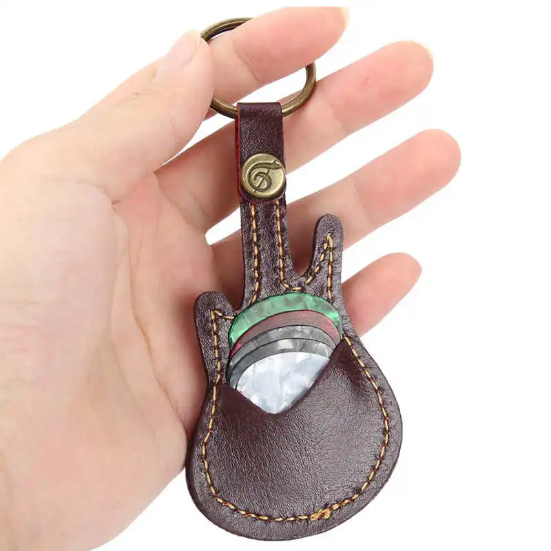 Leather Guitar Pick Bag Guitar Pick Holder Case Shape with Key Ring 5pcs Celluloid Picks String Instrument Accessories musical instruments accessories guitar parts