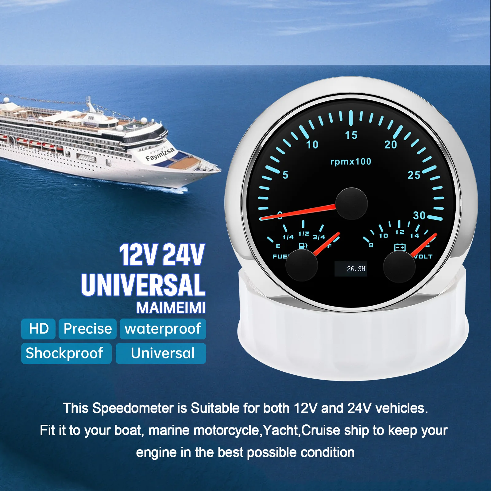 85mm 3 in 1 Gauge 7 Color Backlight Tachometer+Fuel Level Meter+Voltmeter For 12V 24V Car Marine Boat Tacho 3000/6000/8000RPM tachometer gauge engine tachometer tachometer meter fuel level gauge