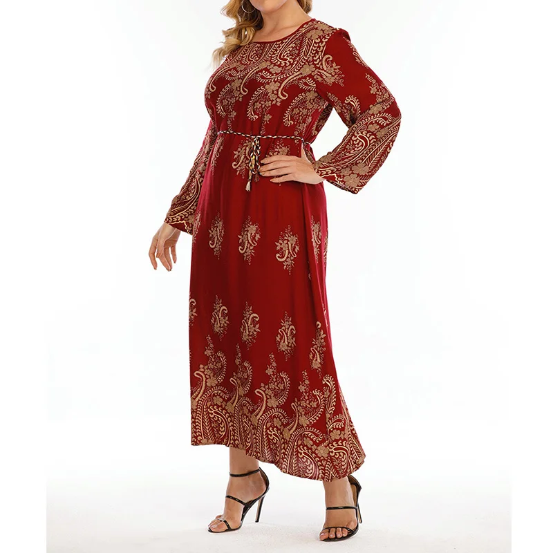 Vintage Spring Autumn Sashes Bandage A-line Dresses Plus Size Clothes for Women Printing Long Sleeve Loose Ankle-Length Dress