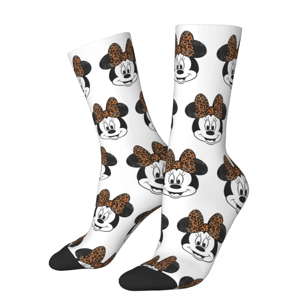 

Retro Disney Minnie Mouse Sports Socks Distressed Vintage Leopard Bow Portrait Polyester Long Socks for Unisex