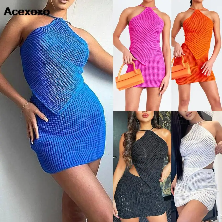 

Spring, summer, new hair suit female neck hung small vest is irregular backless package arm skirt two-piece