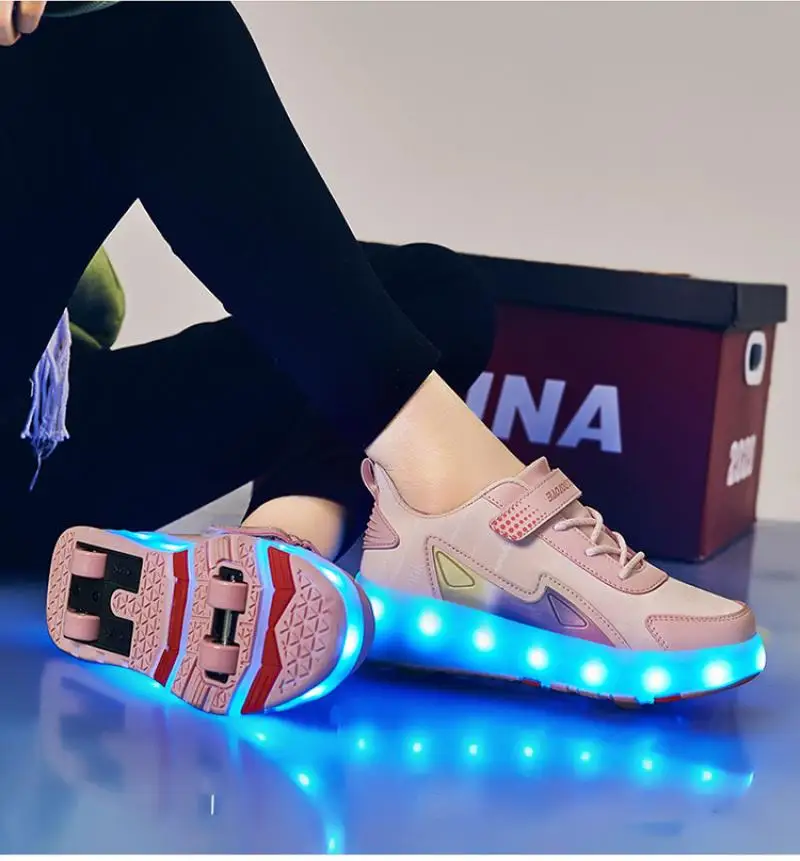 Children Four  Wheels Luminous Glowing Sneakers Black Pink Led Light Roller Skate Shoes Kids Led Shoes Boys Girls USB Charging