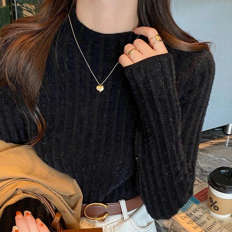 

Soft Warm Mink Cashmere Pullovers Women Autumn Velvet Knitted Sweater Winter 2023 Half High Collar Bottoming Lady Jumpers 29475