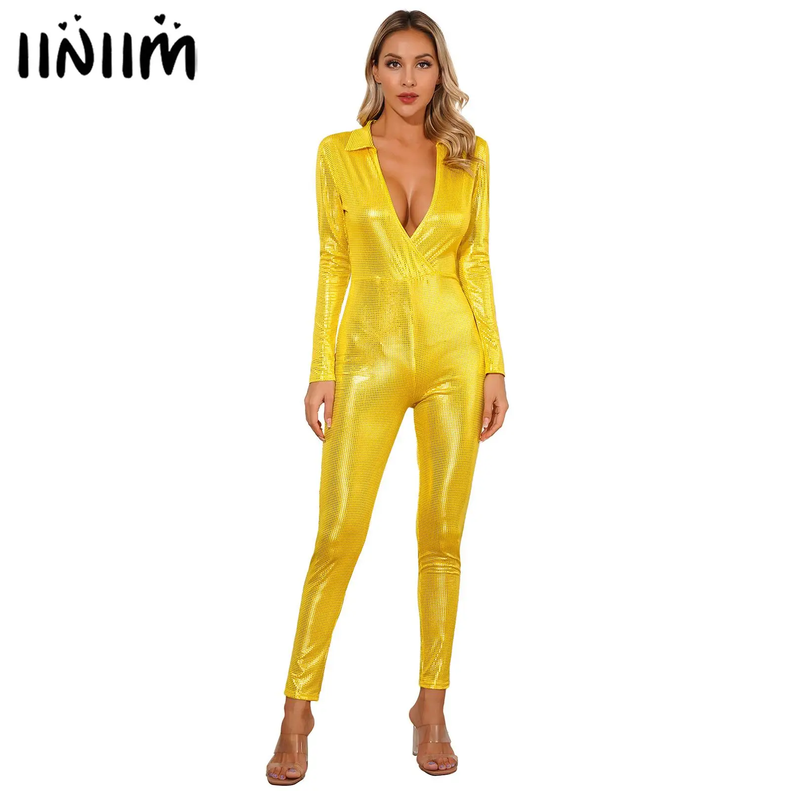

Womens Sparkling Bodycon Bodysuit Jazz Dancer Singer Costumes V Neck Long Sleeve Skinny Pants Rompers Jumpsuit Sexy Clubwear