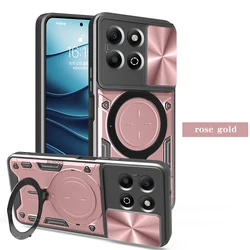 Armor  Shockproof Case with Slide Camera Lens Cover and Magnetic Ring Stand for Honor X6B 4G (Rose Gold)