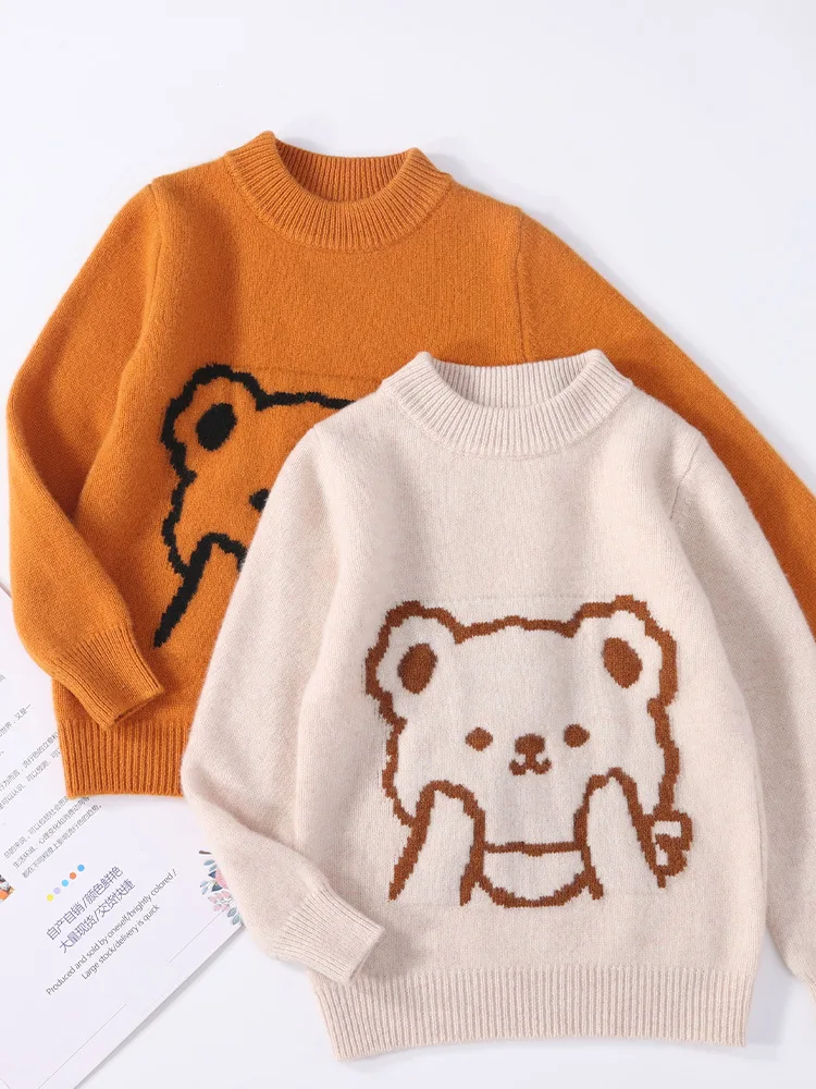 

Boys Winter Wool Sweater Children's 100% wool Cartoon Bear Kids Warm sweater Knitwear priming Sweater Girl Pullover Top Cashmere