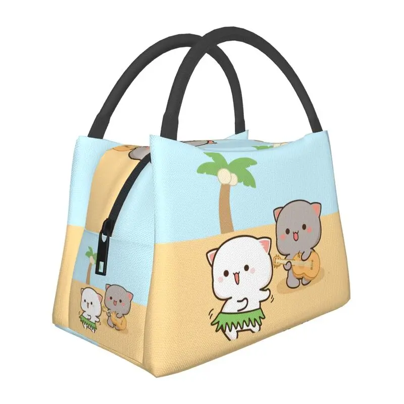 

Peach And Goma Play Ghitar Insulated Lunch Bags for Women Couple Mochi Cat Cooler Thermal Bento Box Outdoor Camping Travel