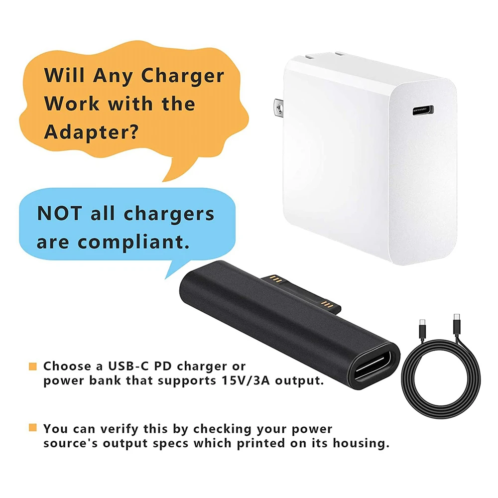 Type C PD Fast Charging Converter Compatible with Microsoft Surface Pro 6 5 4 3 Book Tablet USB-C Charging Adapter Only