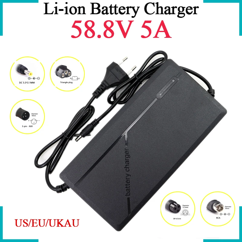 

58.8V 5A Lithium Battery Charger 100-240V With Fan For 14S 52V Electric Scooter Ebike Motorbike Li-ion Cell Fast &Safe Charging