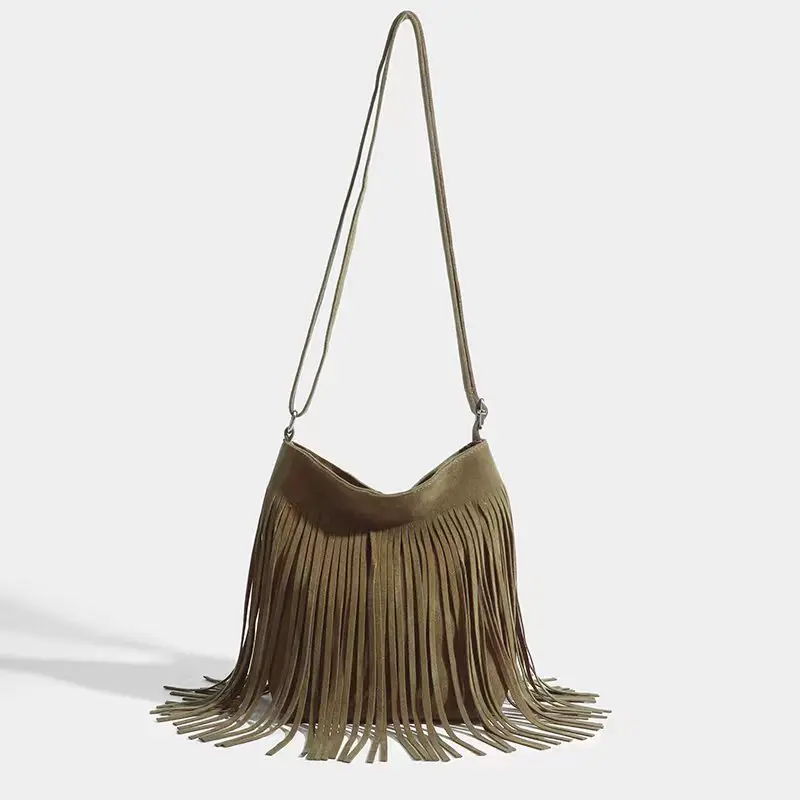 Ladies Tassels Crossbody Bag Korean Version Scrub Single Shoulder Bag With Fringed Leisure Sense Daily Working Travel Tote Pouch