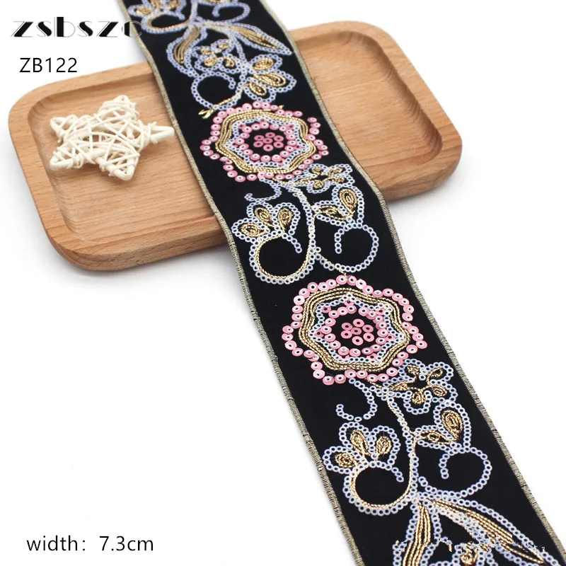 Zsbszc-에스닉 스타일 자수 레이스 액세서리 빈티지 스팽글 의류, 7.3cm 10 야드 Hanfu 액세서리 리본 DIY 수동 ZB122